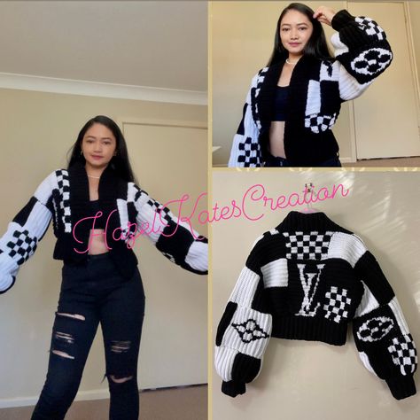 Inspired By LV.. Black and white Patch Crochet Cardigan, Crochet Black And White, White Sweater Jacket, Black And White Crochet, Black And White Cardigan, Crochet Sweater Vest, Crochet Cardigans, Crochet Hoodie, Crochet Black