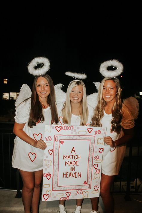 Tri delta, bid day, sorority costume, big little, angels Sorority Sister Reveal Ideas, Big Sis Reveal Ideas Sorority, Big Sister Reveal Ideas Sorority, Big Reveal Ideas Sorority, Perfect Match Big Little Reveal, Match Made In Heaven Big Little, Twin Big Little Reveal, Bug Little Themes Sorority, Big Little Shirt Ideas