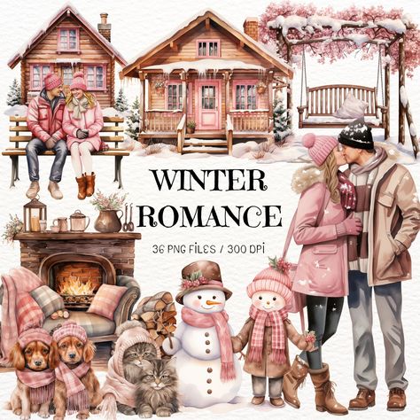 Valentine Illustration, Winter Romance, Valentines Watercolor, Couple Clipart, Valentines Illustration, Watercolor Winter, Winter Love, Cozy Holiday, Couple Illustration