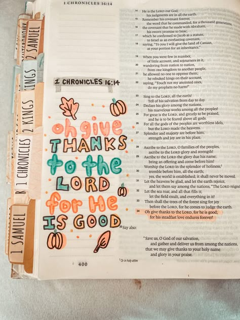 Bible Journaling Thanksgiving, Thanksgiving Bible Journaling, Fall Bible Journaling, Fall Bible Study, Bible Devotional Journal, Thanksgiving Bible Verses, Bible Highlighting, Bible Doodles, Journal Bible Quotes