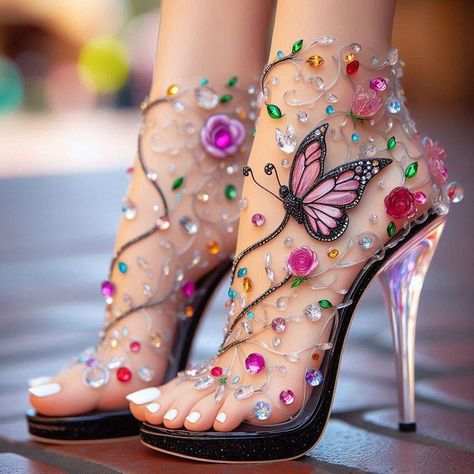 Whimsical Shoes, Hak Tinggi, Glass Heels, Heels Glitter, Butterfly Shoes, Fairy Shoes, Glass Shoes, Fashion Shoes Heels, Cute Shoes Heels