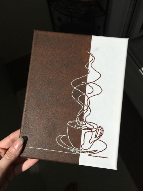 Embroidery Canvas Art Ideas Flower, Embroidered Line Art, Coffee Canvas Art, Lineart Embroidery Canvas, Coffee Abstract Art, Painting And Sewing On Canvas, Line Art Painting Canvases, Needle Art On Canvas, Embroidered Canvas Art Diy