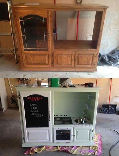 Repurposed Playhouse, Kids Kitchen Makeover, Diy Tv Console, Remade Furniture, Dresser Flip, Formal Room, Recycled Ideas, Diy Kids Kitchen, Playhouse Ideas