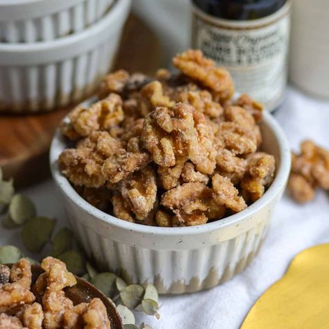 Candied Walnuts (Vegan!) Candied Walnuts Recipe, Vegan Rice Krispie Treats, Candied Nuts Recipe, Candied Walnut Recipe, Vegan Lemon Curd, Walnuts Recipe, Cashew Recipes, Bunny Food, Cinnamon Honey Butter