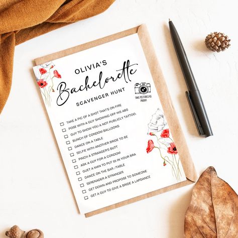 Customizable Bachelorette Scavenger Hunt Game Card Game Painting, Bachelorette Scavenger Hunt, Bachelorette Party Activities, Balloon Dance, Bachelorette Game, Scavenger Hunt Games, The Bachelorette Party, Bachelorette Games, Script Calligraphy