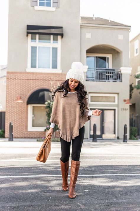 Winter outfit idea - petite ruffled poncho cognac boots pom pom beanie Petite Winter Outfits 2023, Poncho Outfit, Mai Thai, Cognac Boots, Stylish Petite, Womens Outfit, Pumpkin Patch Outfit, Magazine Fashion, Boating Outfit