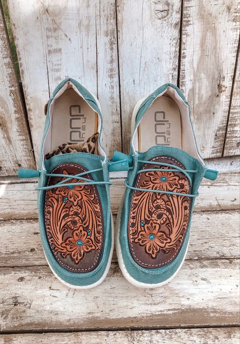 Leather Hey Dude Shoes, Cute Hey Dudes, Custom Hey Dudes, Cowboy Clothes, Western Things, Country Clothes, Yee Yee, Country Shoes, Leather Working Patterns