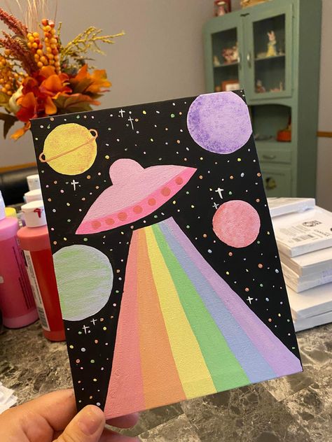 Rainbow Drawing, Space Drawings, Posca Art, Rainbow Painting, Space Painting, Simple Canvas Paintings, Cute Canvas Paintings, Easy Canvas Art, Canvas Painting Designs