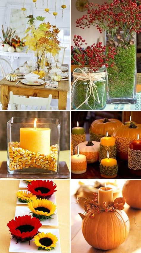 20 Easy Fall Centerpiece Ideas for Table Decor - Celebrations at Home Catering Centerpieces, Simple Fall Centerpieces For Table, Simple Fall Tablescapes, Glass Vases Decor Ideas, Autumn Centerpieces, Christmas Table Decor Ideas, Fall Centerpiece Ideas, Romantic Bedroom Design, Fall Tabletop Decor