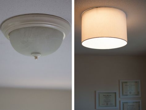 These ceiling light covers are totally DIYable and super smart. Six clever ways to hide ugly lights the DIY way.    #["fabric", "mid-century modern", "eclectic", "transitional", "vintage", "colorful", "Creative Reuse", "Recycling & Upcycling", "crafting", "Dining room", "Entryway & Hall", "Kid's Room", "Office & Workspace", "bathroom", "bedroom", "living room", "Lamps & Lighting", "Roundup", "Roundup"] Cover Ugly Light Fixture, Lighting Makeover, Light Fixture Covers, Ceiling Light Covers, Hiding Ugly, Diy Lampe, Bedroom Light Fixtures, Vintage Ceiling Lights, Diy Ceiling