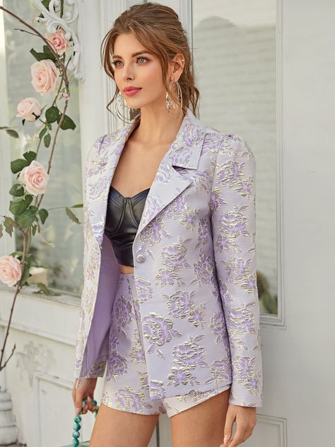 Notched Collar Floral Jacquard Blazer & Shorts Set Check out this Notched Collar Floral Jacquard Blazer & Shorts Set on Shein and explore more to meet your fashion needs! Blazer Shorts Set, Jacquard Blazer, Blazer Outfit, Floral Jacquard, Notched Collar, Shorts Set, Blazer, Collar, Purple