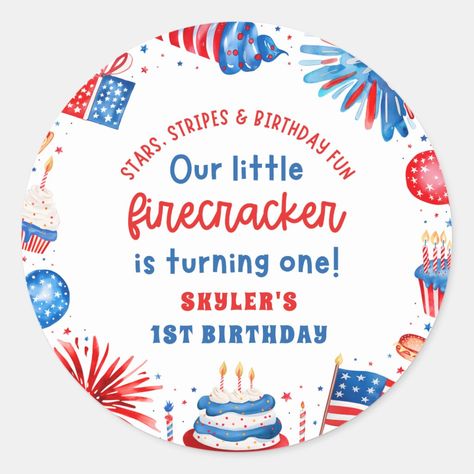 Our Little Firecracker 4th of July 1st Birthday Classic Round Sticker Blue Birthday Parties, Birthday Party Design, July Birthday, Birthday Stickers, Free Birthday Invitation Templates, Free Birthday Invitations, Girl Birthday Party, Boy Birthday Party, Milestone Birthdays