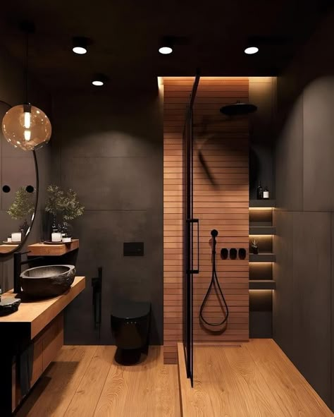 Black And Dark Wood Bathroom, Utility Shower Room Ideas, Black Wall In Bathroom, Black Bathroom With Wood, Black And Wood Bathroom Ideas, Black Washroom, Black And Wood Bathroom, Wood Accents Bathroom, Bathroom Interior Design Luxury Modern