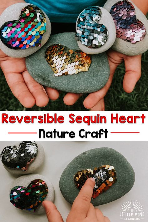 Reversible Sequin Heart Nature Craft • Little Pine Learners Reversible Sequin Ribbon Crafts, Crafts With Sequins, Sequin Crafts Diy, Sequins Crafts, Heart Nature, Flower Sequins, Sequin Art, Sequins Diy, Nursery Crafts