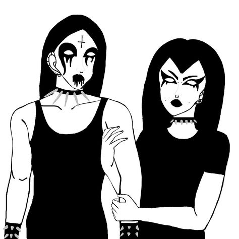 It is an couple wearing dark clothes  spiked cuffs and chokers the masculine person is wearing corpse paint. Goth Couple Drawing, Metal Bf And Goth Gf, Metalhead Boyfriend Goth Girlfriend, Metal Head Bf Aesthetic, Mlm Metalhead, Goth And Metalhead Couple, Couple Drawings, Emo Scene, Stars