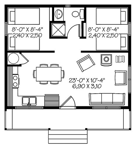 Home Plans HOMEPW08835 - 480 Square Feet, 2 Bedroom 1 Bathroom Country Home with  Really nice office and guest house.  Bunks in one room, office in other. Two Bedroom House Plans, Two Bedroom Tiny House, Small Bathroom Floor Plans, One Bedroom House Plans, Guest House Plans, Office Floor Plan, Luxury Floor Plans, One Bedroom House, Bathroom Plans