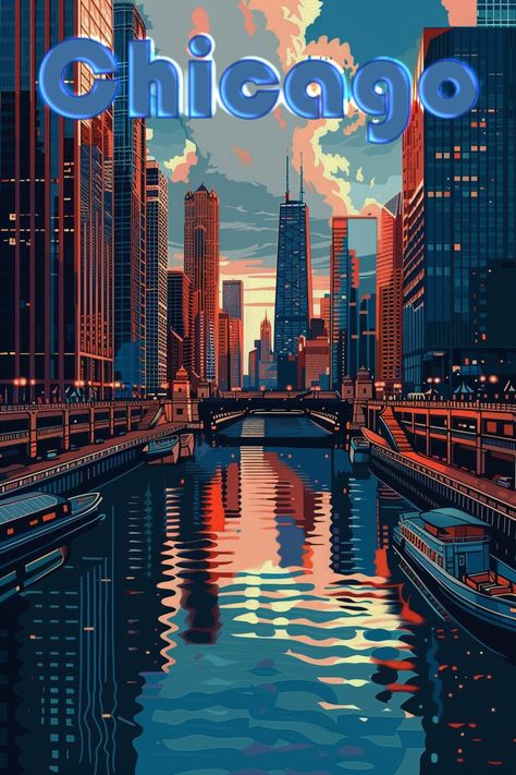 A wonderful Chicago Travel Poster a wonderful gift for any city lover. Download available immediately after purchase. Thanks for your business City Poster Design, Chicago Graphic Design, Chicago Art Print, Chicago Cityscape, Wall Art Cool, City Posters Design, Chicago Wall Art, Chicago Poster, Chicago Print