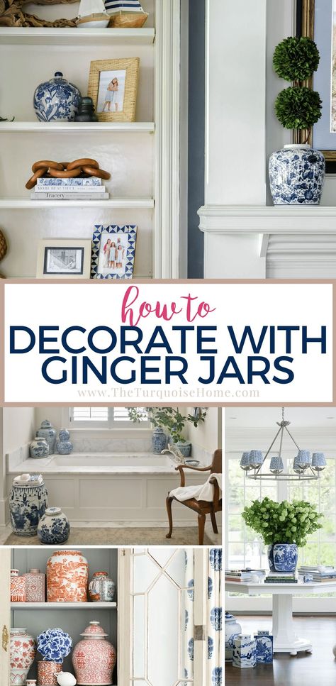 Explore ways to decorate with ginger jars and temple jars to bring beauty, color, and refinement to every room of your home. Ginger Jars Decor, Decorating With Ginger Jars, Living Room Mantel, Ginger Jar Lamp, Powder Room Decor, Dining Room Spaces, Kitchen Counter Decor, Counter Decor, Ginger Jar