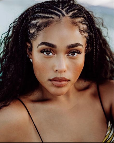 Braided Hairstyles Vacation, Beach Vacation Hairstyles Black Women, Hairstyles For The Beach Black Women, Braids In Front Of Hair, Braid And Weave Hairstyles, Front Braids With Hair Down, Curly Cornrows Braids, Beach Braids Black Women, Beach Braid Hairstyles