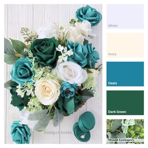 Vintage-inspired wedding color schemes with dusty rose and sage green. Teal Flowers Wedding, Teal Green Wedding Theme, Teal And Blue Color Palette, June Wedding Colors Schemes 2024, Seaglass Wedding Colors, Unique Wedding Color Schemes Spring, June Wedding Colors Schemes, 2 Bridesmaids, August Wedding Colors