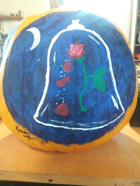 Beauty and the Beast enchanted rose painted pumpkin Beauty And The Beast Pumpkins Painting, Beauty And The Beast Painted Pumpkin, Beauty And The Best Pumpkin, Beauty And The Beast No Carve Pumpkin, Princess Painted Pumpkins, Beauty And The Beast Painted Rocks, Bell Rose, Disney Pumpkin, Enchanted Rose