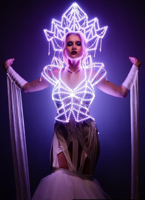 Drag Couture, Glowing Accessories, Led Outfit, Glow In The Dark Dress, Light Up Dress, Rainbow Crown, Cleopatra Halloween, Mirrored Costume, Photo Mannequin