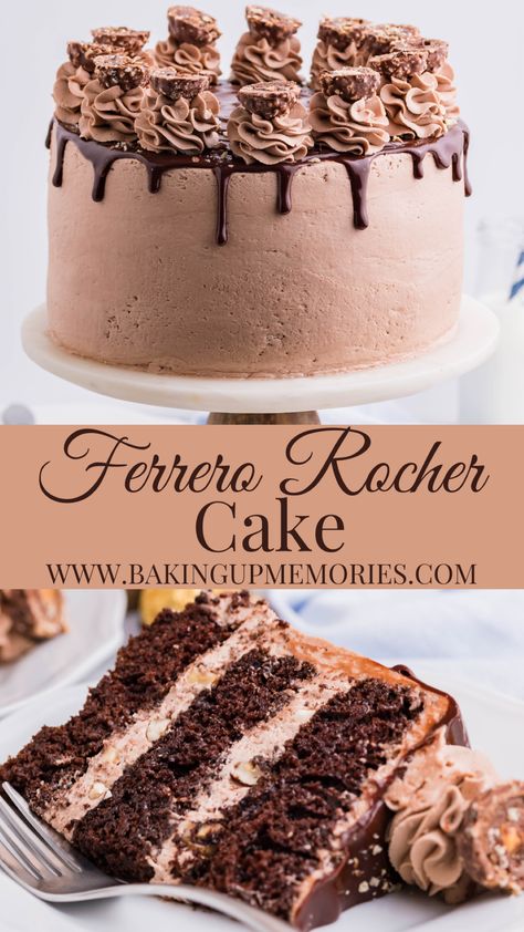 This Ferrero Rocher Cake is three chocolate cake layers, covered in Nutella buttercream and topped with hazelnut pieces, chocolate ganache, and the famous Ferrero Rocher chocolates! #ferrerorochercakerecipe #ferrerorochercakeeasy #valentinescakeideas #chocoaltecakerecipes #chocolaterecipes #ferrerorochercandy #hazelnut #Nutellarecipes #nutellacake Three Chocolate Cake, Ferrero Rocher Cake Recipe, Ferrero Rocher Candy, Ferrero Rocher Torte, Rocher Cake, Ferrero Rocher Cake, Chocolate Hazelnut Cake, Nutella Buttercream, Hazelnut Cake