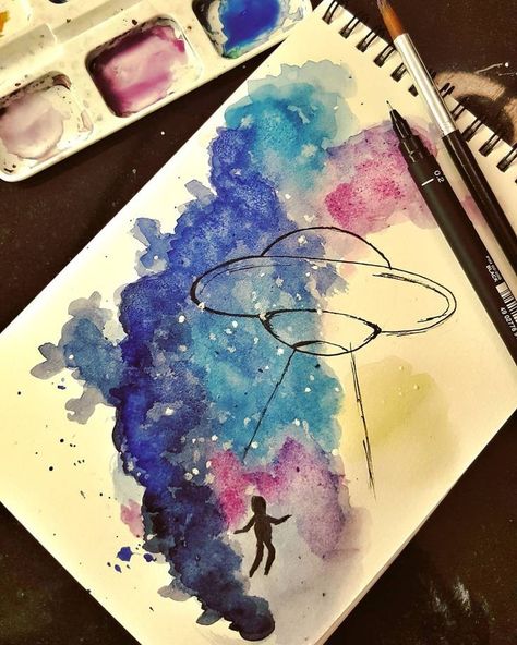 Galaxy With Markers, Emo Watercolor Paintings, Alien Watercolor Painting, Spaceship Watercolor, Galaxy Illustration Art, Trippy Watercolor Art, Aliens Sketch, Alien Watercolor, Galaxy Sketch