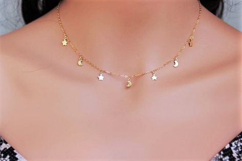 Moon star Dangle Necklace - Gold Moon Necklace Gold - Gold Tiny moon star nekclace - Star Moon Choker - Layerd necklace - Gold Dangle drop Layerd Necklace, Moon Necklace Gold, Moon Choker, Gold Moon Necklace, Dangle Necklace, Dangle Necklaces, Gold Moon, Rainbow Earrings, Star Moon