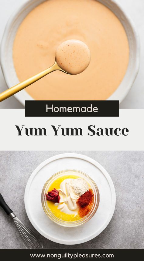 Homemade yum yum sauce is an incredibly versatile sauce. It's creamy, tangy and slightly sweet. Use it as a dipping sauce for grilled meats, hibachi shrimp, or your favourite veggies. Or drizzle it over sushi, poke bowls and salads.   It's easy to whip up with just a few pantry staples. This delicious Asian-style mayonnaise is sure to become a staple in your kitchen.  Why not make a double batch of homemade yum yum sauce, it keeps for a week in the fridge, and serve it with everything! Diy Asian Sauce, Sauce For Sushi Bowl, How To Make Shrimp Sauce, Sweet Sushi Sauce, Onigiri Dipping Sauce, Sushi Bowl Sauce, Japanese White Sauce Recipe, Bowl Sauce Recipes, Sushi Sauce Recipes