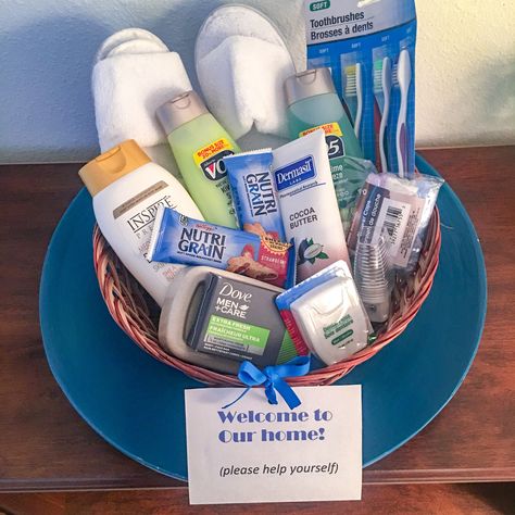 Welcome Basket For Guests, Guest Room Baskets, Guest Basket, Welcome Basket, Welcome Baskets, House Guests, Soft Toothbrush, Overnight Guests, Guest Bedroom