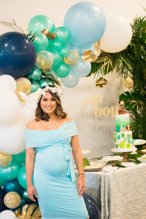 Island Baby Shower on Kara's Party Ideas | KarasPartyIdeas.com (19) Island Baby Shower Theme, Pool Party Baby Shower Ideas, Tropical Decor Party, Baby Shower Decor Ideas, Modern Tropical Decor, Shower Decor Ideas, Hawaiian Baby Showers, Baby Shower Ideas For Boys, Tropical Glam