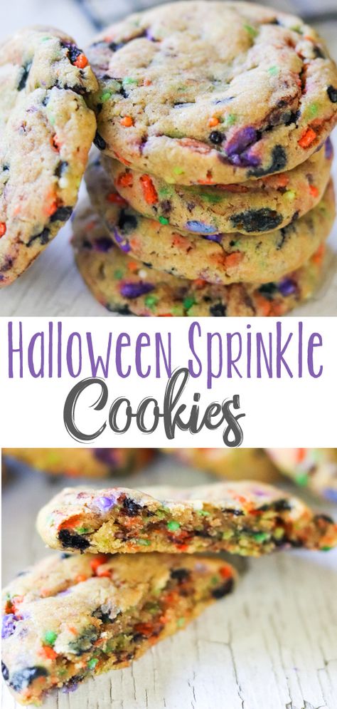 These Halloween Sprinkle Cookies are soft, thick, buttery dough baked to perfection and with adorable Halloween sprinkles to boot. Can we get any cuter than this? #HalloweenTreatsWeek #sponsored Halloween Fingerfood, Biscuits Halloween, Cookies Halloween, Cookies Healthy, Halloween Sprinkles, Bakewell Tart, Halloween Baking, Devils Food, Sprinkle Cookies