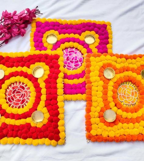 Pom pom rangoli mat Size 12 inch DM us for more details or WhatsApp us on 9867422790 July 11, Pom Pom, Size 12, On Instagram, Quick Saves, Instagram