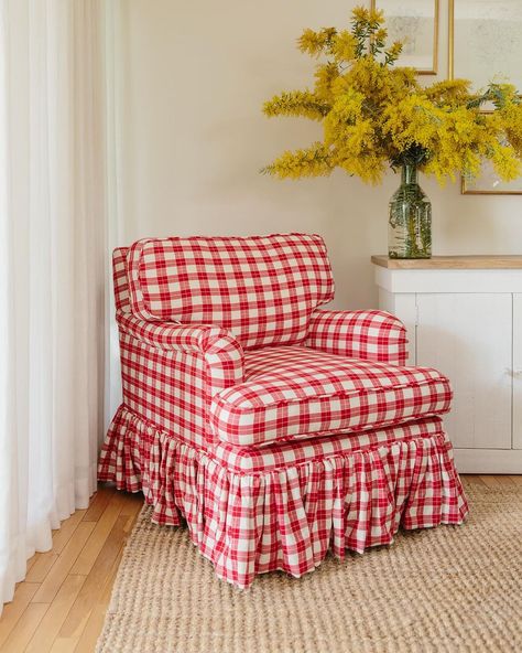 Gingham Couch Living Room, Floral Sofa With Plaid Chairs, Gingham Couch, Red Check Sofa, Gingham Armchair, Checkered Armchair, Plaid Sofa Overstock Red, Plaid Chair, Heather Taylor