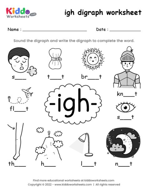 Free Printable igh digraph worksheet - kiddoworksheets Ie Phonics Worksheets, Igh Words Worksheets, Igh Worksheets, Vowel Digraphs Worksheets, Igh Words, Digraph Activities, Free Printable Alphabet Worksheets, Digraphs Worksheets, Teaching Cursive