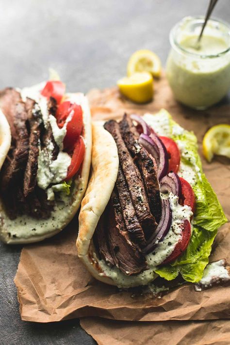 Gyro Recipe Beef, Steak Gyros, Olive Pot, Lamb Sandwich, Beef Gyro, Steak Wraps, Hot Sandwiches, Cucumber Sauce, Eat Greek