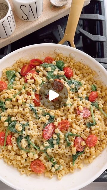 Kate McMillan | family friendly recipes on Instagram: "Had to try this #viral Tik Tok trend and let me tell you, it is worth allll the hype. Pasta cooked in chicken broth and finished off with butter and Parmesan cheese. 

The original has little (and by that I mean zero) nutritional benefit so of course I add spinach and tomatoes. It is goooooood.

XO, km

THE DISH:
creamy on pot ditalini with spinach & tomatoes | serves 4

THE STUFF:
2 Tbsp EVOO
3 cloves garlic, minded
2 cups ditalini (or other small shaped pasta)
2 cups low-sodium chicken broth
1/3 cup heavy cream
2 Tbsp unsalted butter
1/2 cup parmesan cheese
Kosher S+P
Big handful of spinach
1 cup cherry tomatoes, halved (sun-dried tomatoes would also be dreamy in this)

THE HOW-TO:
Warm the EVOO in a skillet over medium-high heat. Ad Viral Tik Tok Recipes, Shaped Pasta, Skillet Pasta, Ditalini Pasta, Low Sodium Chicken Broth, Family Friendly Recipes, Sun Dried Tomatoes, Pasta Noodles, Dried Tomatoes