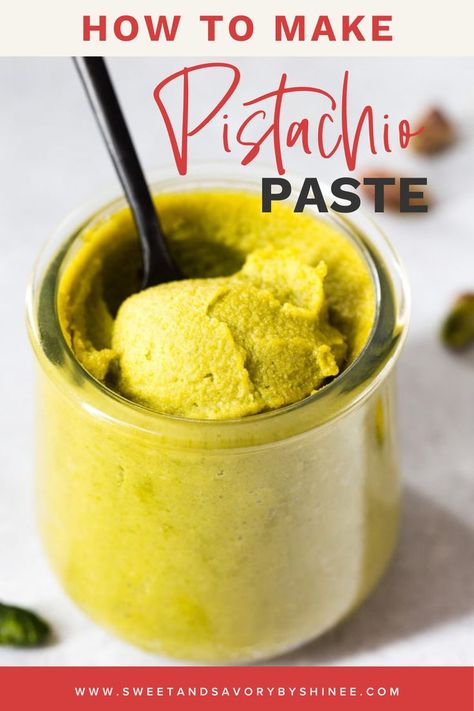 Super easy pistachio paste recipe. Sharing my proven tips to get a smooth texture and vibrant green color every time! This diy pistachio paste is perfect for macarons, ice cream and buttercream Pistachio Paste Recipe, French Macaroon Recipes, Pistachio Paste, Raw Pistachios, Pistachio Recipes, Pistachio Butter, Pistachio Cream, Ganache Recipe, Paste Recipe