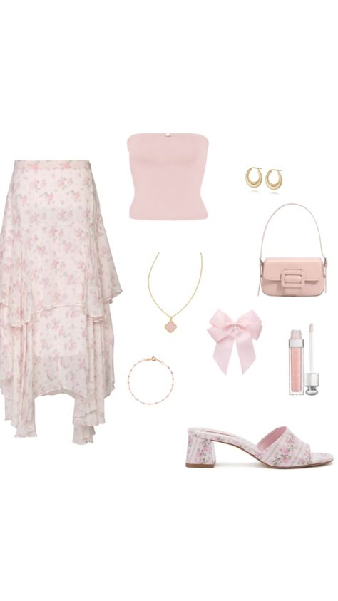 Outfit With Pink Skirt, Barbie Pink Outfit Ideas, Pink Coquette Outfit, Girly Outfit Ideas, Pink Strapless Top, Coquette Fits, Girly Clothing, Glossy Lip Gloss, Coquette Outfits