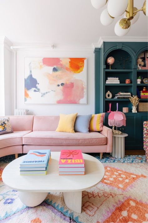 Pink Couch Eclectic Living Room, Colorful Apartment Inspiration, Cozy Living Room Pink Couch, Pink Couch Studio Apartment, Colorful Houses Interior Artwork, Bright Pink Velvet Couch, Colorful Living Room Bright, Girly Living Room, Living Boho