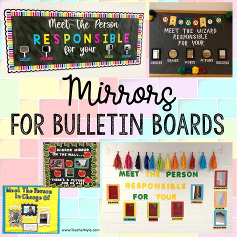 'Meet the person responsible for' themed bulletin boards with mirrors Themed Bulletin Boards, Elementary Bulletin Boards, Diy Bulletin Board, Bullentin Boards, Classroom Bulletin Board, Church Bulletin Boards, P Words, Teaching Third Grade, Church Bulletin