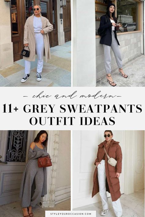 Looking for grey sweatpants outfit ideas? These chic and modern aesthetic looks will show you how to style grey sweatpants for fall, winter, and spring. Wear these street styles for school, hanging out with friends, and lounging and look like a fashion it-girl. Grey Sweatpants Outfit Woman, Dressed Up Sweatpants Outfit, Cute Sweatpants Outfit Winter, Grey Sweatpants Outfit Winter, Sweat Suit Outfits Women, Dress Up Sweatpants Outfits, Grey Sweatpants Outfit Women, Style Grey Sweatpants, How To Dress Up Sweatpants