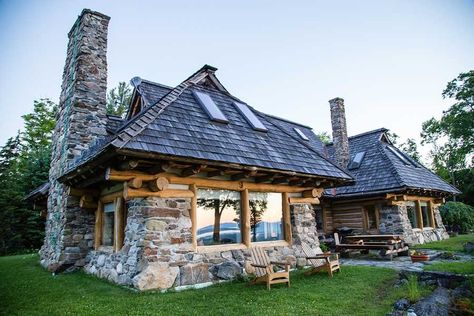 Stone Cottage Homes, Modern Rustic Cabin, Stone Cabin, Stone Cottages, Wood Architecture, House On The Rock, Stone Cottage, Cabins And Cottages, Stone Houses