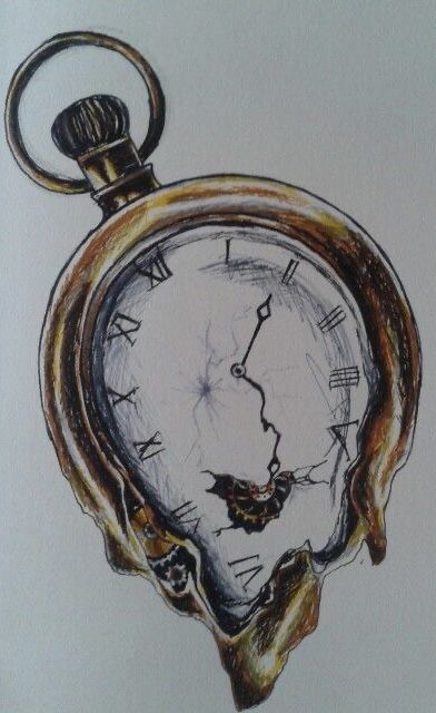 Melting Watch Tattoo, Melting Object Drawing, Pocket Watch Drawing Sketches, Watch Painting Art, Stop Watch Drawing, Time Artwork Ideas, Pocket Watch Painting, Time Art Clock, Pocket Watch Sketch