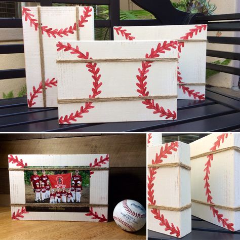 Custom wood block picture frame with twine. Perfect for a baseball coach, player or Father's Day! Email thecreatedsign@gmail.com to order or visit The Created Sign on Facebook. Softball Crafts, Baseball Bedroom, Baseball Coach Gifts, Baseball Crafts, Baseball Room, Baseball Decor, Sport Craft, Baseball Coach, Baseball Party