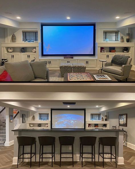 Finished Basements NJ ™ on Instagram: “⁣An open-concept media room 🎞 is a great option for families who want to include their home theater system in common areas!⠀ ⠀ ✨Pros⠀ ⠀ …” Home Theater Basement, Basement Movie Room, Basement Bar Plans, Living Room Home Theater, Home Theater Room Design, Minecraft Basement, Theater Room Design, Basement Inspiration, Home Cinema Room