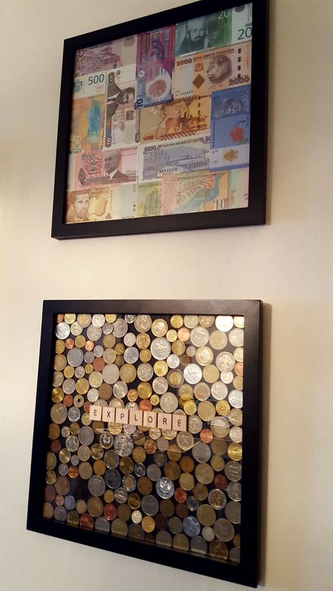 Travel Trinkets Display, Framed Coins Ideas, Currency Display Ideas, Foreign Money Display, Travel Pictures Display, Money Collection Display, Travel Keepsakes Display, Travel Display Wall, Money Display Ideas