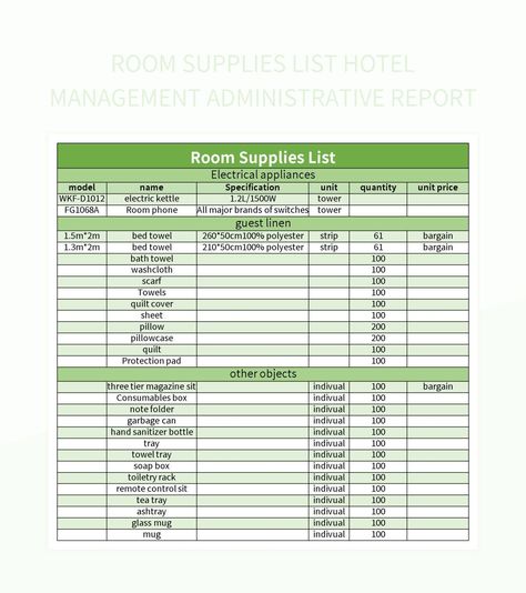 Room Supplies, Hotel Management, Supply List, Excel Templates, Template Google, Google Sheets, Report Template, Microsoft Excel, Daily Planner