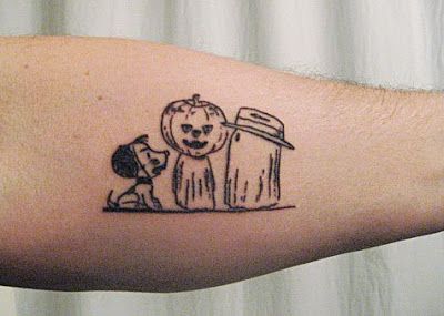 Great Pumpkin Charlie Brown Tattoo, Charlie Brown Halloween Tattoo, Halloween Snoopy Tattoo, Great Pumpkin Tattoo, Snoopy Halloween Tattoo, Halloween Birthday Tattoo, Charlie Brown Tattoo, Brown Tattoo Ink, Neat Tattoos